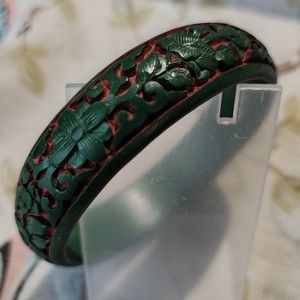 Carved Green Dark Coral Bangle Bracelet Vintage Wood Wooden 8 1/2" Cinnabar?